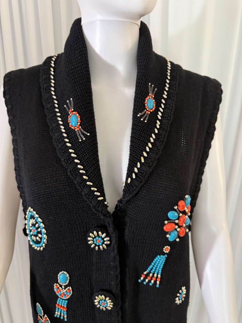 Victoria Jones Beaded Southwestern Sweater Vest Tunic Black Medium Boho Western - Picture 7 of 16